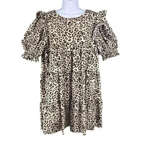 La Ven NWT Womens L Dress Babydoll Leopard Print Ruffle Tiered Puff Sleeve Fairy